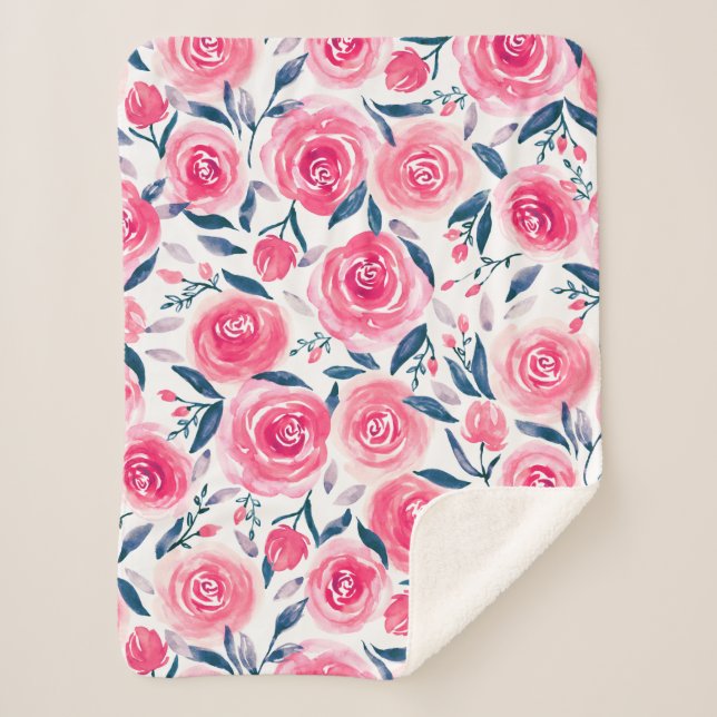 Rosa Blumenwatercolor-Rosen-Muster Sherpadecke (Vorderseite)