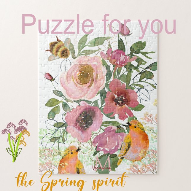 Rosa Blumenweiß Puzzle mit Vögeln (Beautiful Spring puzzle with yellow birds and pink flowers to bring the spirit of spring to you)