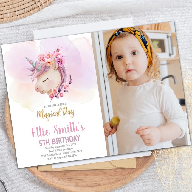 Rosa Blumenzwiebeln Einladung zum Geburtstag Foto (Pink Floral Unicorn Birthday Invitations w photo)
