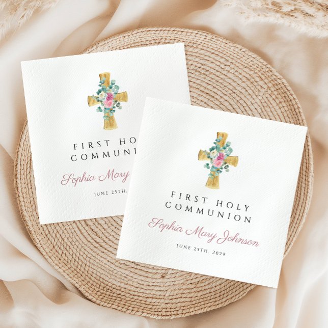 Rosa Blumenzwiebeln kreuzen Erste Kommune Serviette (Pink Floral Peonies Cross First Communion Napkins)