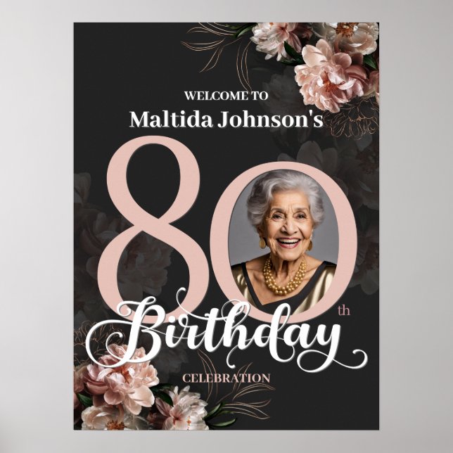 Rosa Blumige 80. Geburtstagsfeier Willkommen Poster (Vorne)