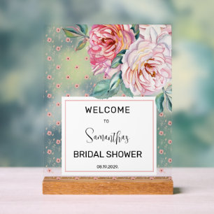 Rosa Blumige Hochzeitsdusche Willkommen Acrylschild