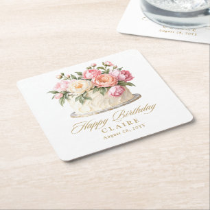 Rosa Blumigenen Torte Elegante Geburtstagsfeier Rechteckiger Pappuntersetzer