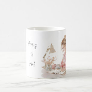 Rosa Bluse Schreibtisch Blondine Kaffeetasse