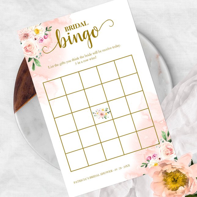 Rosa Blush Bloral Gold Brautparty Bingo Flyer (Von Creator hochgeladen)