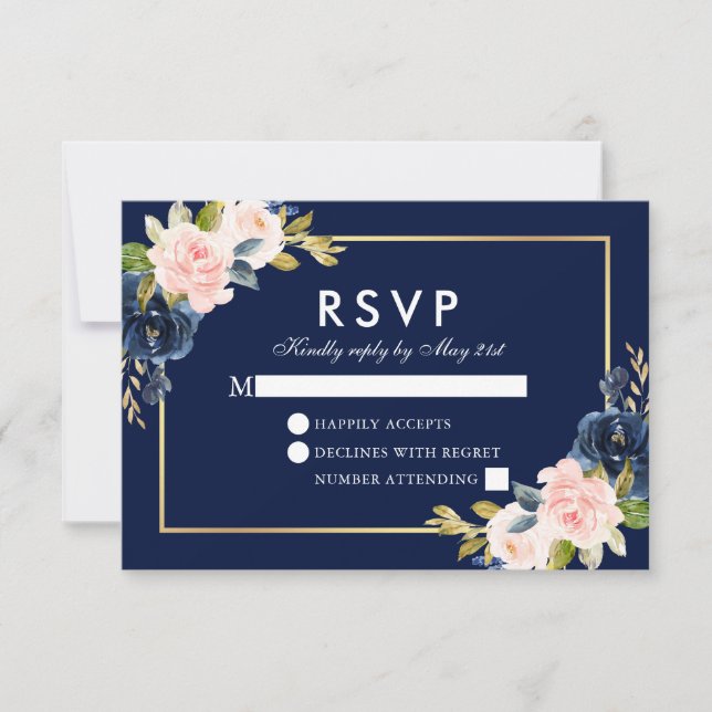 Rosa Blush Bloral Wedding RSVP Blue Gold (Vorderseite)