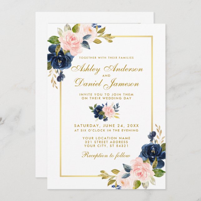 Rosa Blush Blue Floral Gold Foto Hochzeit Einladung (Vorne/Hinten)
