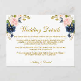Rosa Blush Blue Floral Gold Hochzeitskarte Postkarte