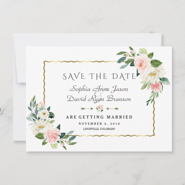 Rosa Blush Blume Gold Frame Navy Blue Wedding Save The Date (Vorderseite)