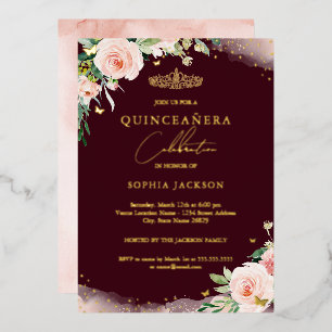 Rosa Blush Burgunder Blumen Quinceanera Geburtstag Folieneinladung