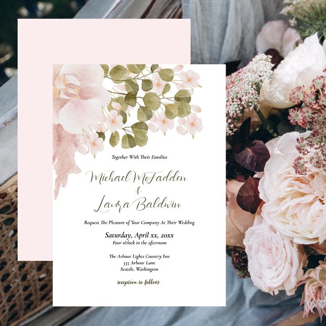 Rosa Blush Elegante Wasserfarben Hochzeit der Blum Einladung (Blush Pink and Green, Elegant Boho Style Wedding Invitation)