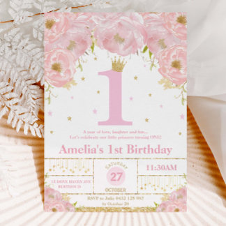Rosa Blush Floral Gold 1. Geburtstag Girl Prinzess Einladung