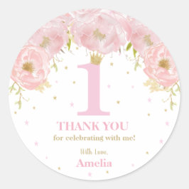 Rosa Blush Floral Gold 1. Geburtstag Girl Prinzess Runder Aufkleber