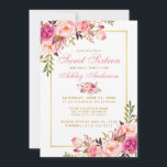 Rosa Blush Floral Gold Sweet 16 Geburtstag Einladu Einladung<br><div class="desc">Aquarellfarben Rosa Blütenflora 16 . Geburtstag Geburtstagsparty Einladungskarte - Rosa Drehbuch,  Goldrahmen</div>