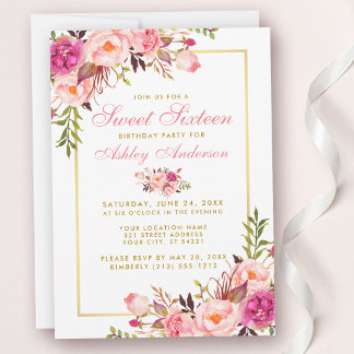 Rosa Blush Floral Gold Sweet 16 Geburtstag Einladu Einladung