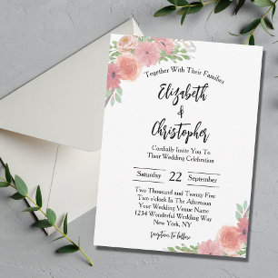 Rosa Blush Florale Grün Elegante Moderne Hochzeit Einladung