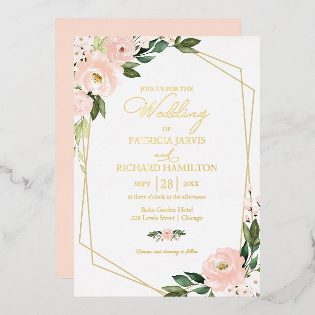 rosa Blush Geometric Wedding Folieneinladung (Vorderseite/Rückseite)