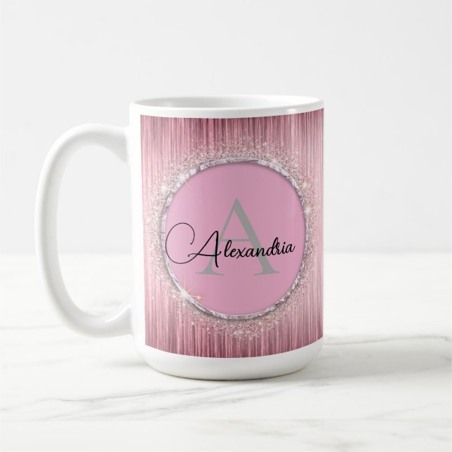 Rosa Blush Girly Glittery Monogram Kaffeetasse (Links)