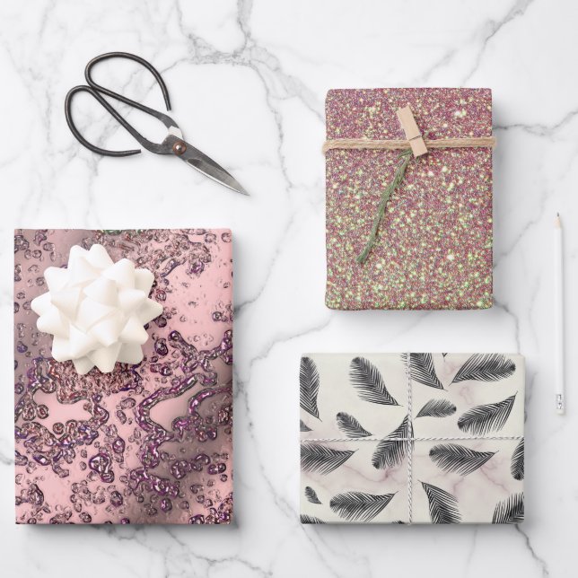 Rosa Blush Glittery Marmorfedern Geschenkpapier Set (Vorderseite)