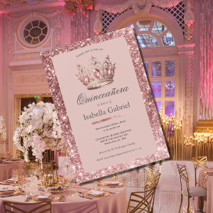 Rosa Blush Glitzer Tiara Crown Elegantes Quinceañe Einladung