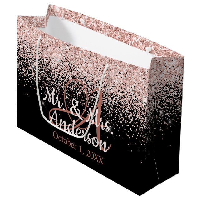 Rosa Blush Glitzer Wedelname Monogram Große Geschenktüte (Vorderseite Schrägansicht)