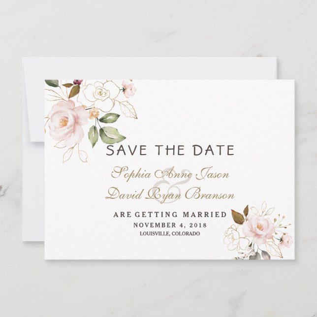 Rosa Blush Gold Blues Hochzeit retten das Datum Save The Date (Vorderseite)