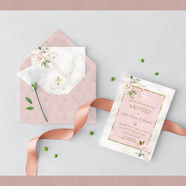Rosa Blush Gold Einladung De Bautizo Con Flores
