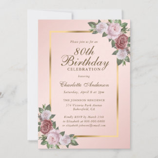 Rosa Blush Gold Floral 80. Geburtstag Einladung