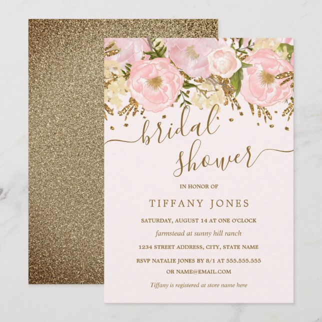Rosa Blush Gold Floral Confetti Brautparty Einladung (Vorne/Hinten)