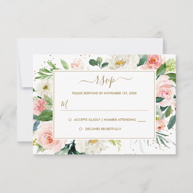 Rosa Blush Gold Floral Gold Hochzeit RSVP Karte (Vorderseite)
