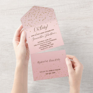 Rosa Blush Gold Glitzy Confetti Wedding All In One Einladung