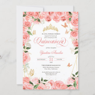 Rosa Blush Gold Rose Elegante Butterfly Quinceaner Einladung