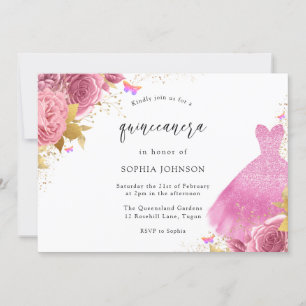 Rosa Blush & Gold Sparkleider Blumenkohl Quinceane Einladung