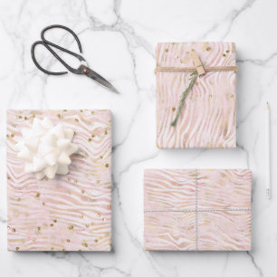 Rosa Blush Gold Zebra Print Glitz Geschenkpapier Set