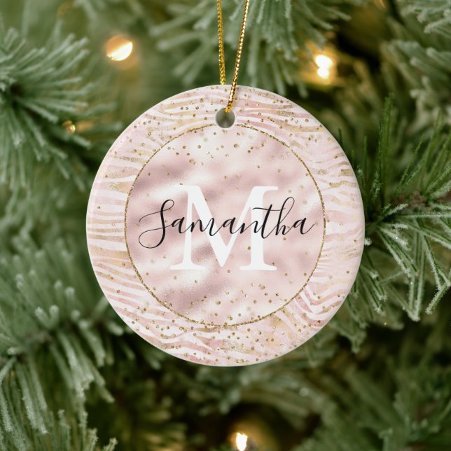 Rosa Blush Gold Zebra Print Glitz Monogram Keramik Ornament (Baum)