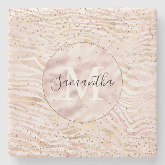Rosa Blush Gold Zebra Print Glitz Monogram Steinuntersetzer (Vorderseite)