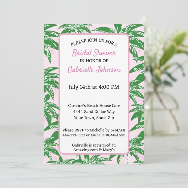 Rosa Blush Green Palm Tree Sommer Dusche Party Einladung (Stehend Vorderseite)