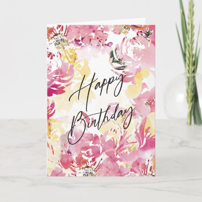 Rosa Blush Happy Birthday Watercolor Floral Design Karte (Vorderseite)