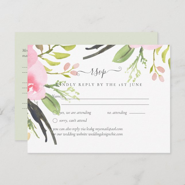 Rosa Blush Olive Wedding RSVP Postkarte (Vorne/Hinten)
