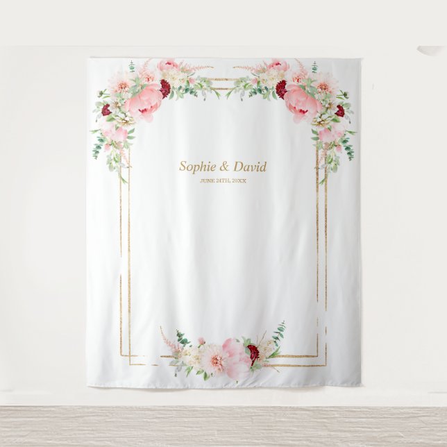 Rosa Blush Peonies Gold Bloom Foto Stand Hochzeit Wandteppich (Vorderseite)