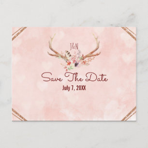 Rosa Blush Pink Floral Hirsch Geweih Save The Date Ankündigungspostkarte