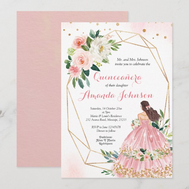 Rosa Blush Prinzessin Quinceañera Einladung (Vorne/Hinten)
