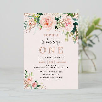 Rosa Blush Rose Gold Floral Girl 1. Geburtstag Folieneinladung