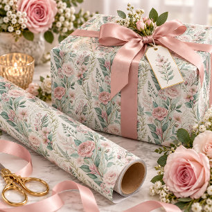 Rosa Blush Rosen Sagegrünes Laub Geschenkpapier