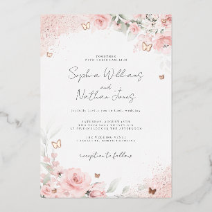 Rosa Blush-Rosen-Schmetterling-Hochzeit Folieneinladung