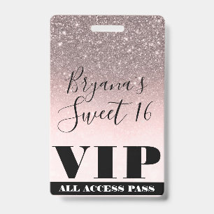 Rosa Blush Silver Glitzer Glam Sweet 16 VIP Pass Ausweis