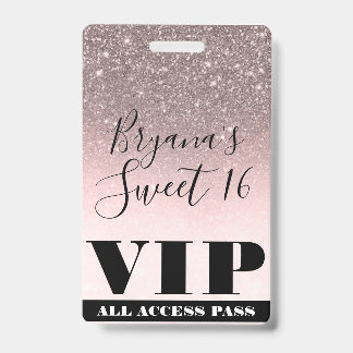 Rosa Blush Silver Glitzer Glam Sweet 16 VIP Pass Ausweis