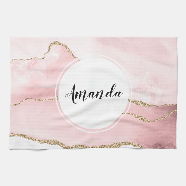 Rosa Blush Tor mit Gold Ribbon Elegant Geschirrtuch (Horizontal)