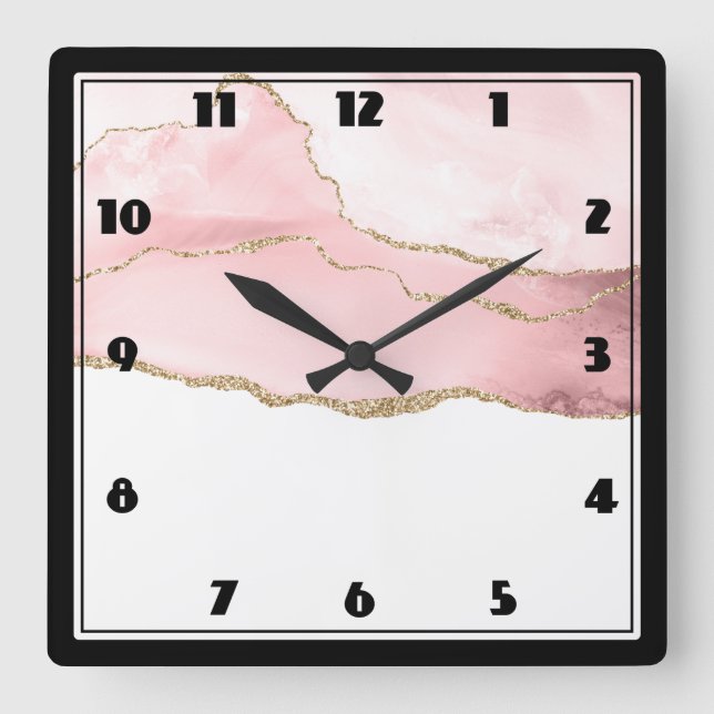 Rosa Blush Tor mit Gold Ribbon Elegant Quadratische Wanduhr (Vorderseite)