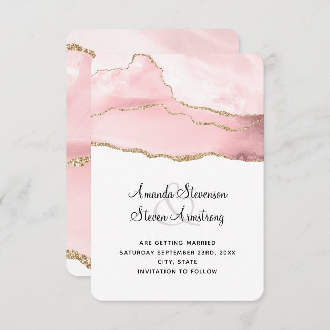 Rosa Blush Tor mit goldener Ribbon Elegante Hochze Save The Date (Vorne/Hinten)